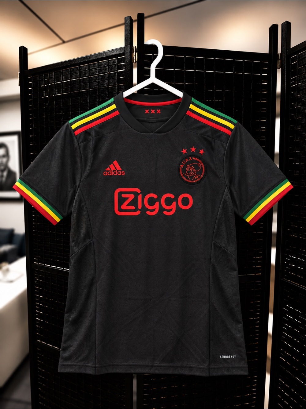 Ajax Amsterdam Black Jersey with Red, Green & Yellow Stripe Accents